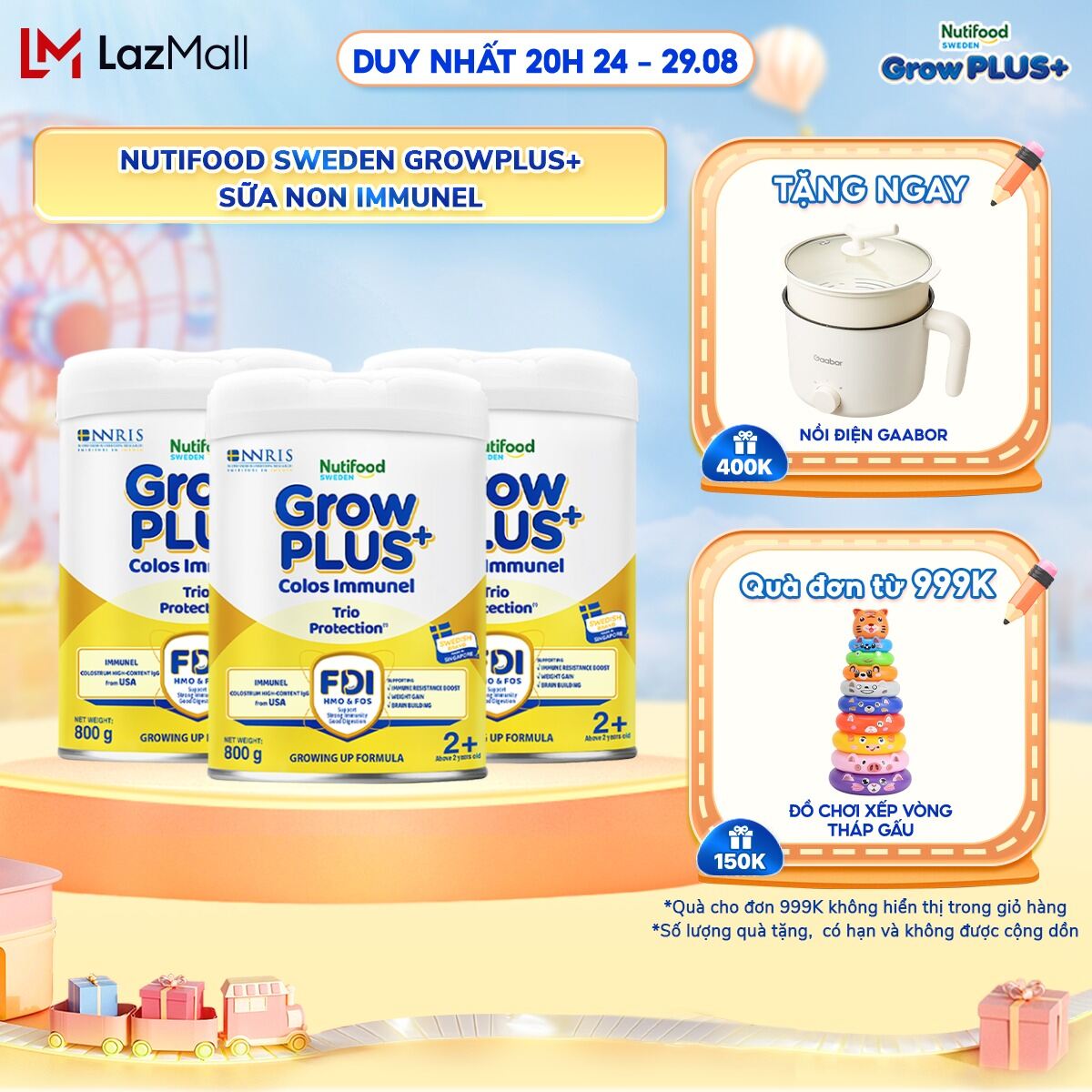 Combo 3 sữa bột nutifood sweden growplus+ sữa non immunel trên 2 tuổi lon 800 g