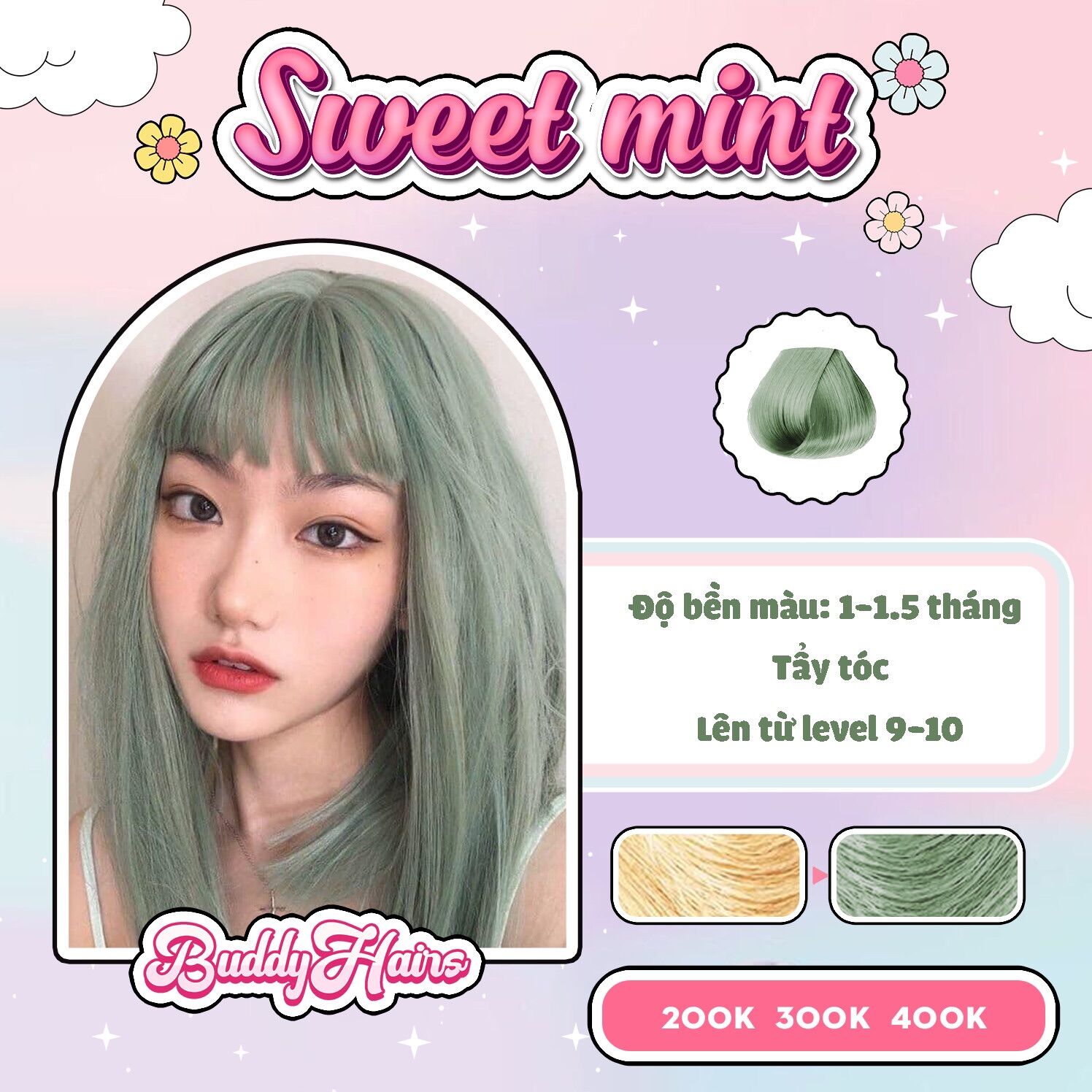 Thuốc nhuộm tóc Sweet Mint Buddyhairs TẶNG KÈM trợ nhuộm , găng tay , mũ trùm đầu , tẩy tóc bé 50K