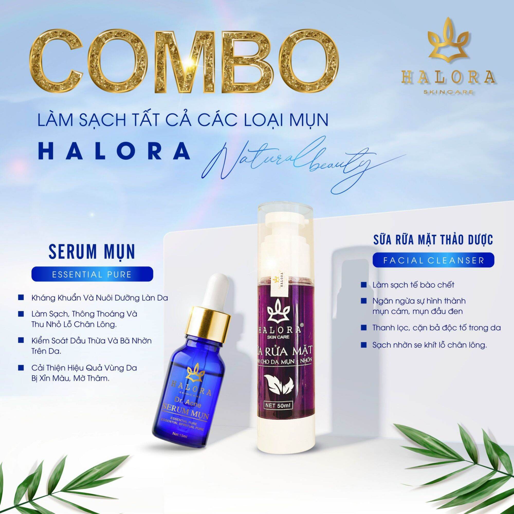 Combo serum mụn và sữa rữa mặt thảo dược halora