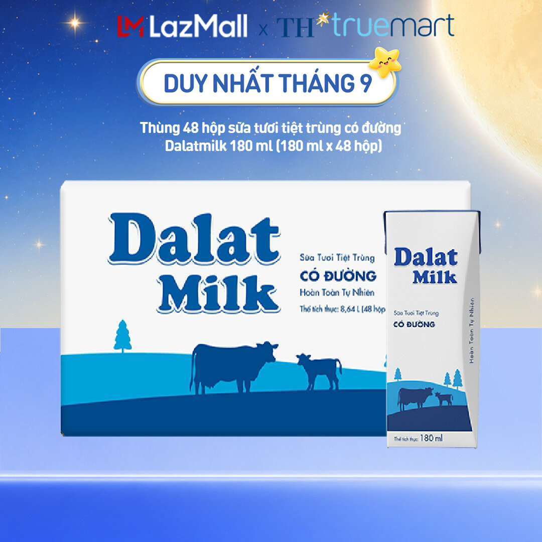 Thùng 48 hộp sữa tươi tiệt trùng  Dalatmilk có đường 180 ml (180 ml x 48)