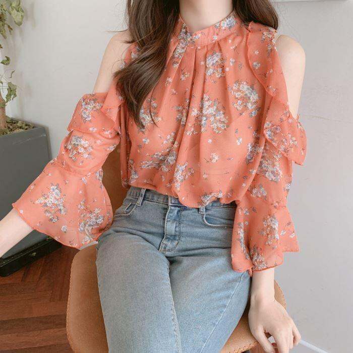 Áo Chiffon Chất Lượng Hoa Nhí Kiểu Pháp, Áo Sơ Mi Thiết Kế Thiểu Số Vai Loj Cảm Giác Tiểu Kế Rộng Rãi Kiểu Tây Cho Nữ, Áo Mỏng Xuân Hè
