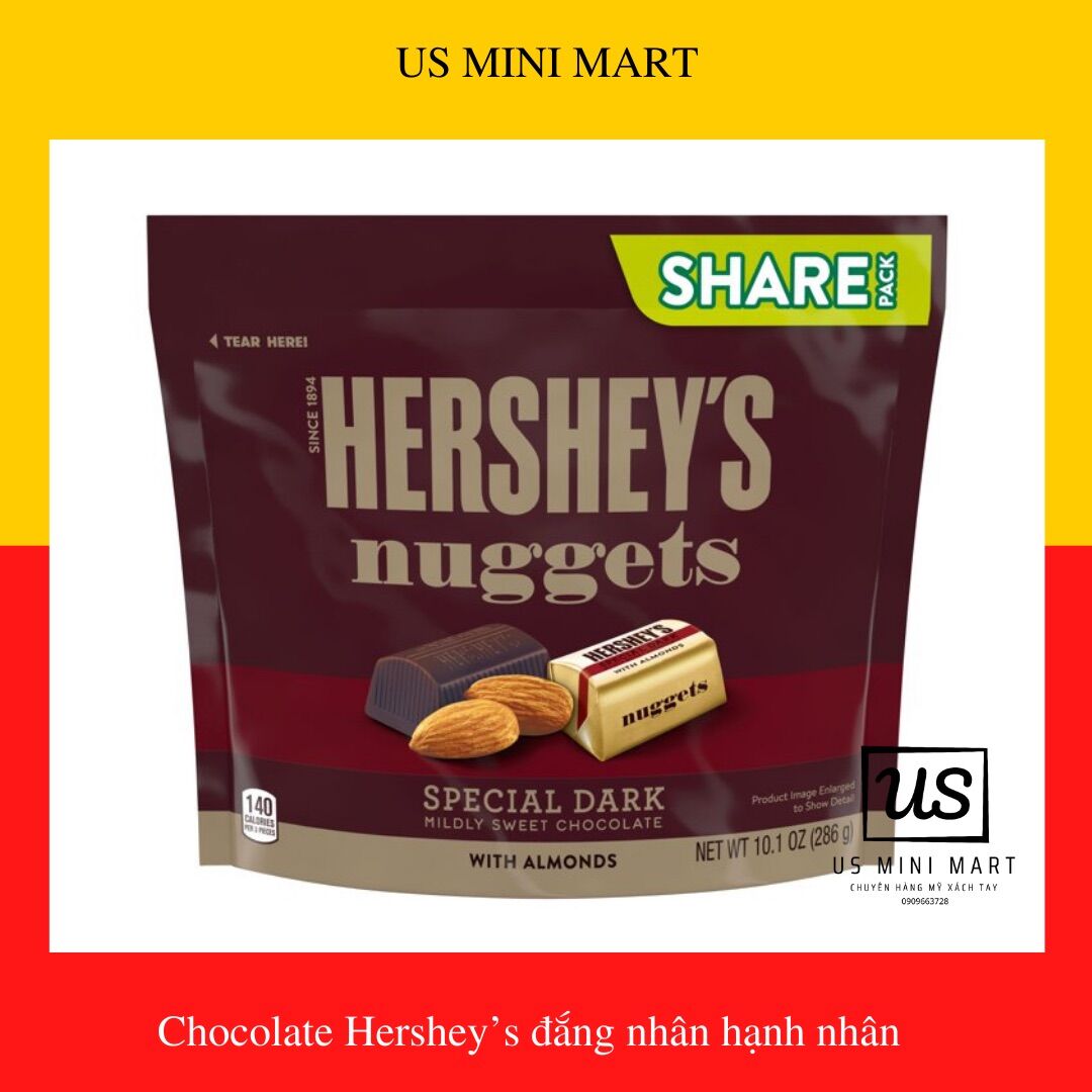 Hershey Nuggets Dark Chocolate with Almonds Socola đắng ,bịch 286g