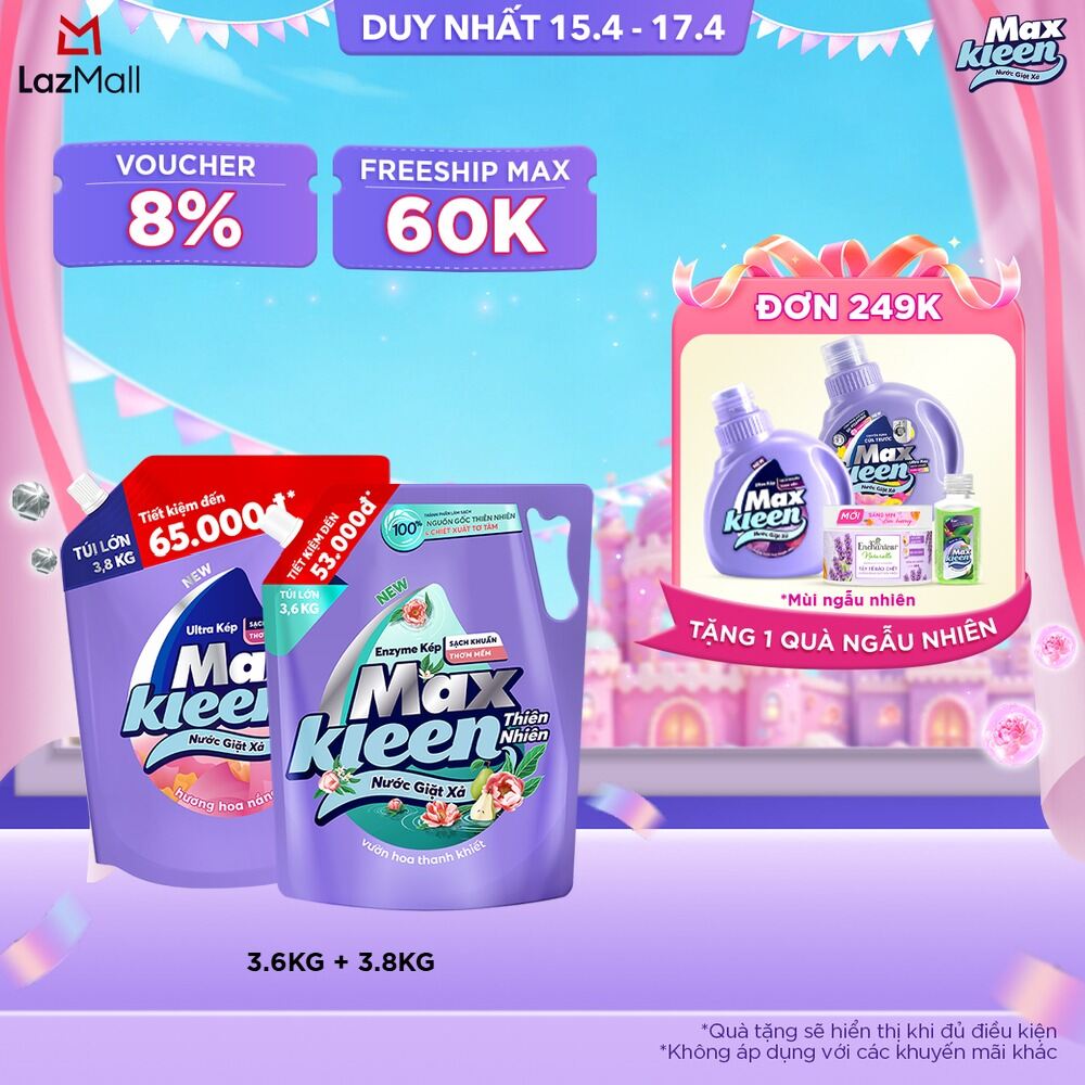 Combo Túi Nước Giặt Xả MaxKleen Thiên Nhiên 3.6kg  Túi 3.8kg (Hoa Nắng/ Huyền Diệu/Vườn Sớm Mai)