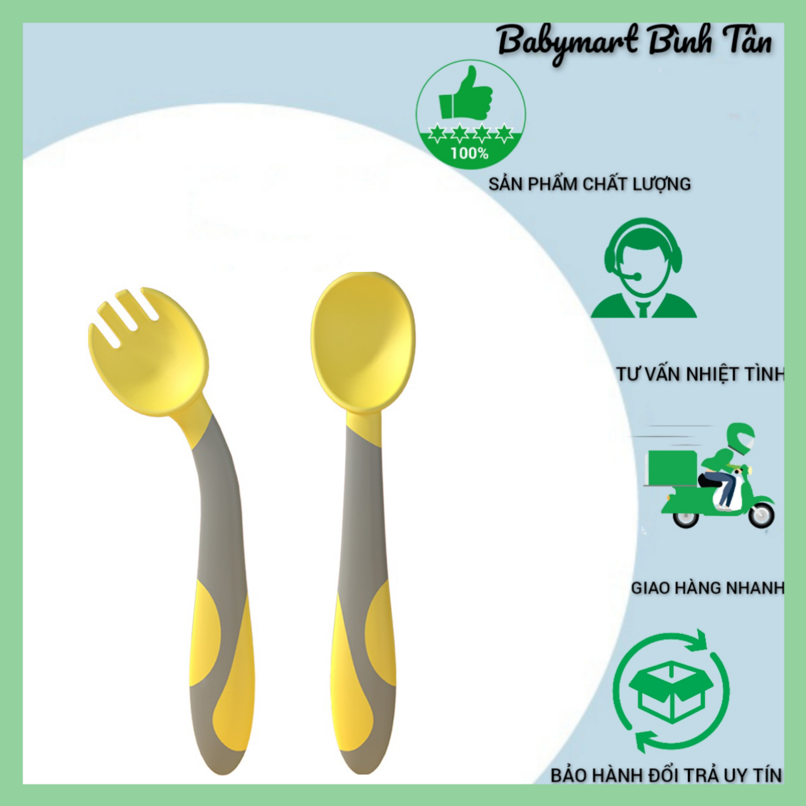 (Loại Tốt)Bộ Muỗng nỉa uống cong cho bé ăn dặm, thìa dĩa uống cong 180 độ, giúp bé tập xúc tốt hơn, chất liệu an toàn