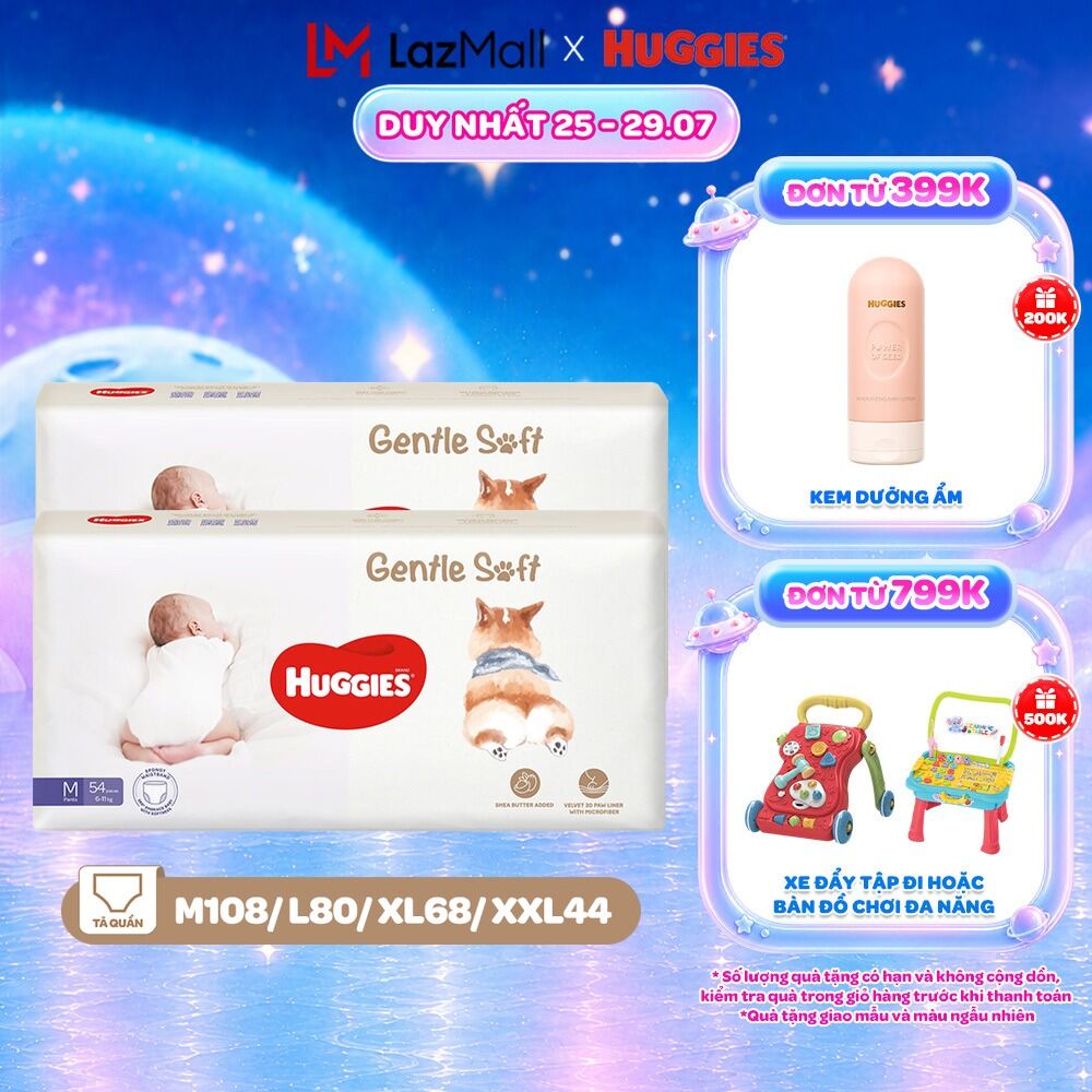 Combo 2 Tã quần Huggies Gentle Soft - Corgi M54/L40/XL34/XXL22 miếng êm mềm nâng niu làn da bé
