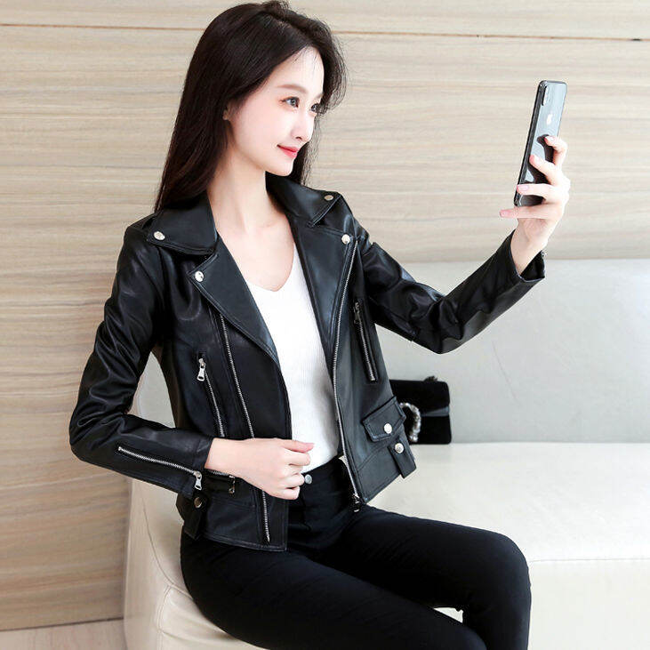 Áo Da Áo Khoác Nữ Áo Jacket Da Xe Máy Cỡ Lớn Màu Đen Tôn Dáng Gầy Ôm Dáng Phong Cách Hàn Quốc Mẫu Mới Xuân Thu Năm 2022 Mẫu Ngắn Cho Nữ
