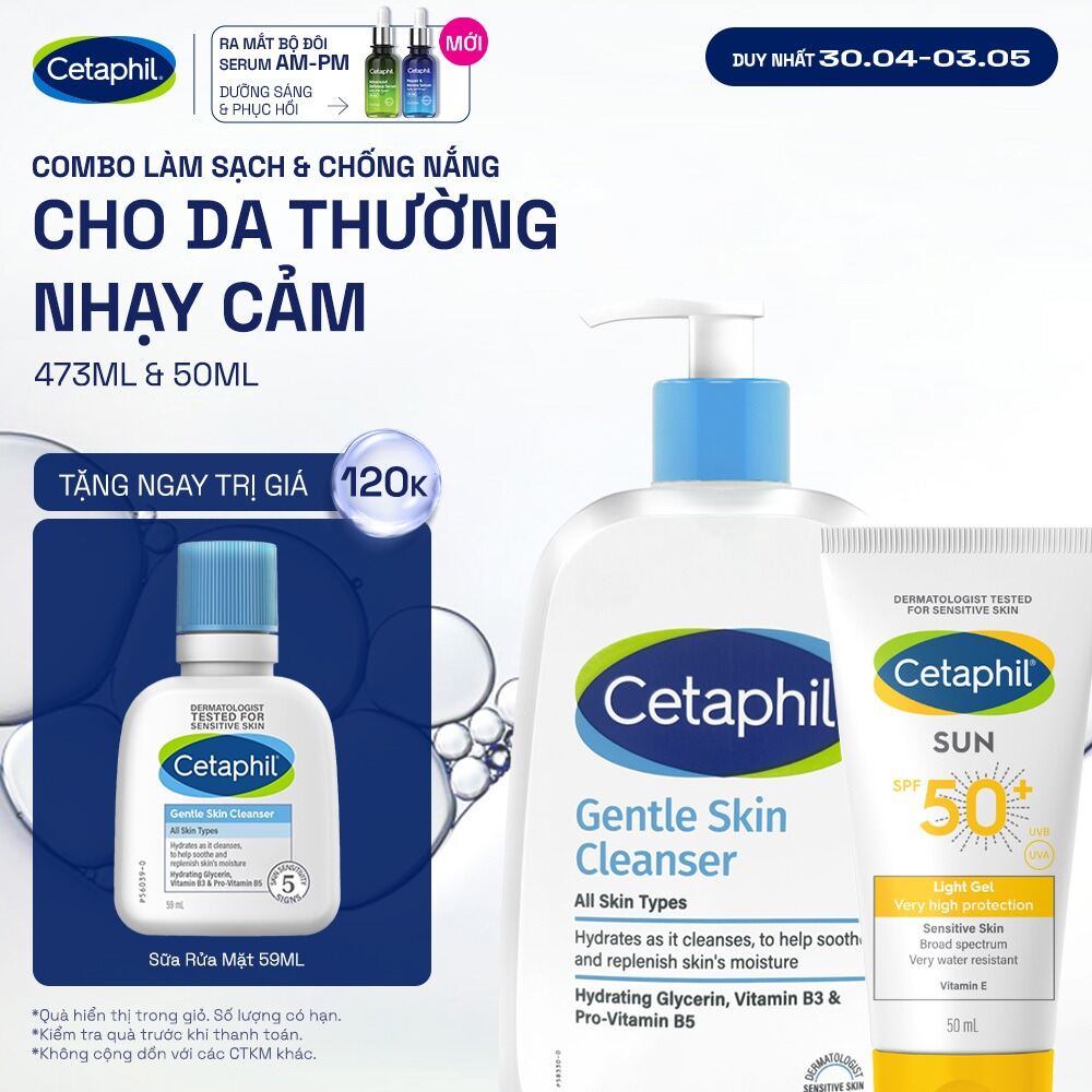 Combo Sữa rửa mặt CETAPHIL GENTLE SKIN CLEANSER 473ML + Gel chống nắng cho da nhạy cảm Cetaphil Sun SPF 50+ Light Gel