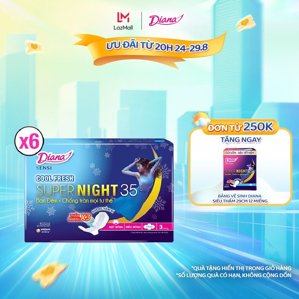 Combo 6 băng vệ sinh diana sensi cool fresh ban đêm 35cm gói 3 miếng