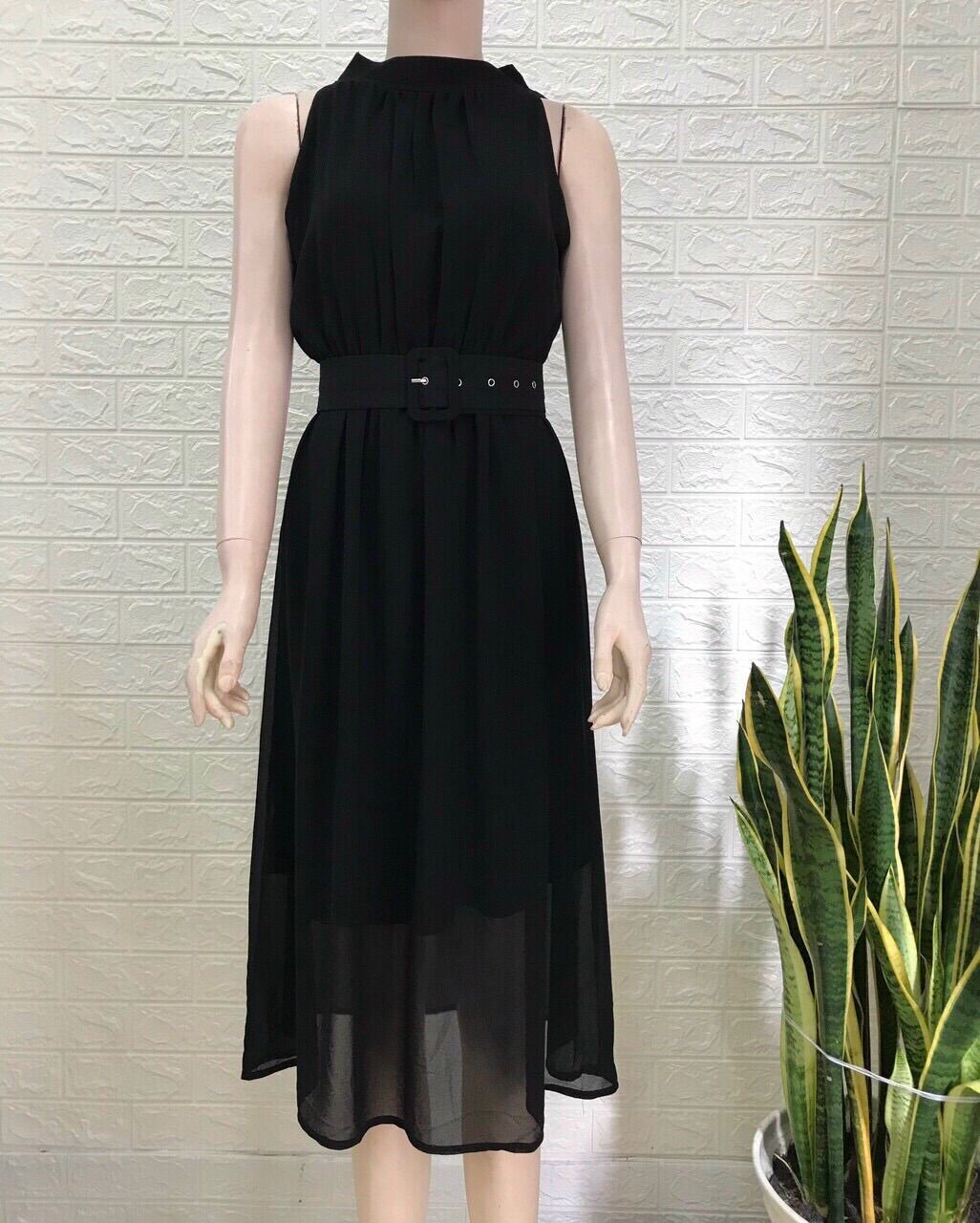 Đầm maxi cổ yếm eo chun kèm belt