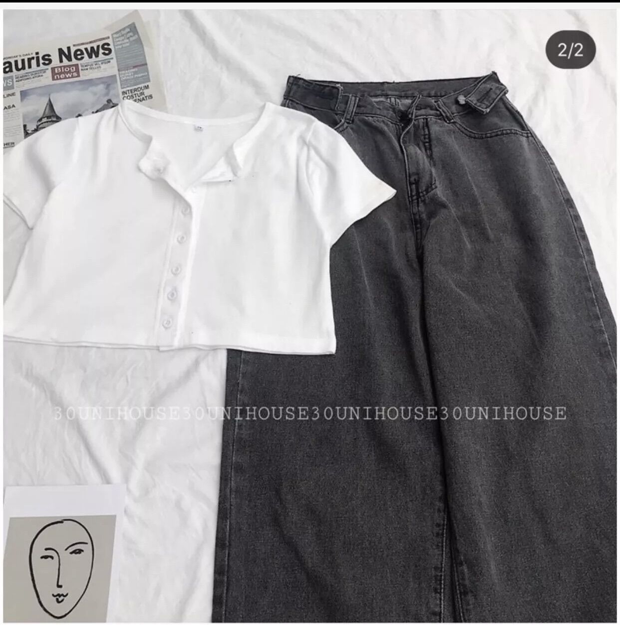 set baggy xám đai nút + crop gài nút trắng