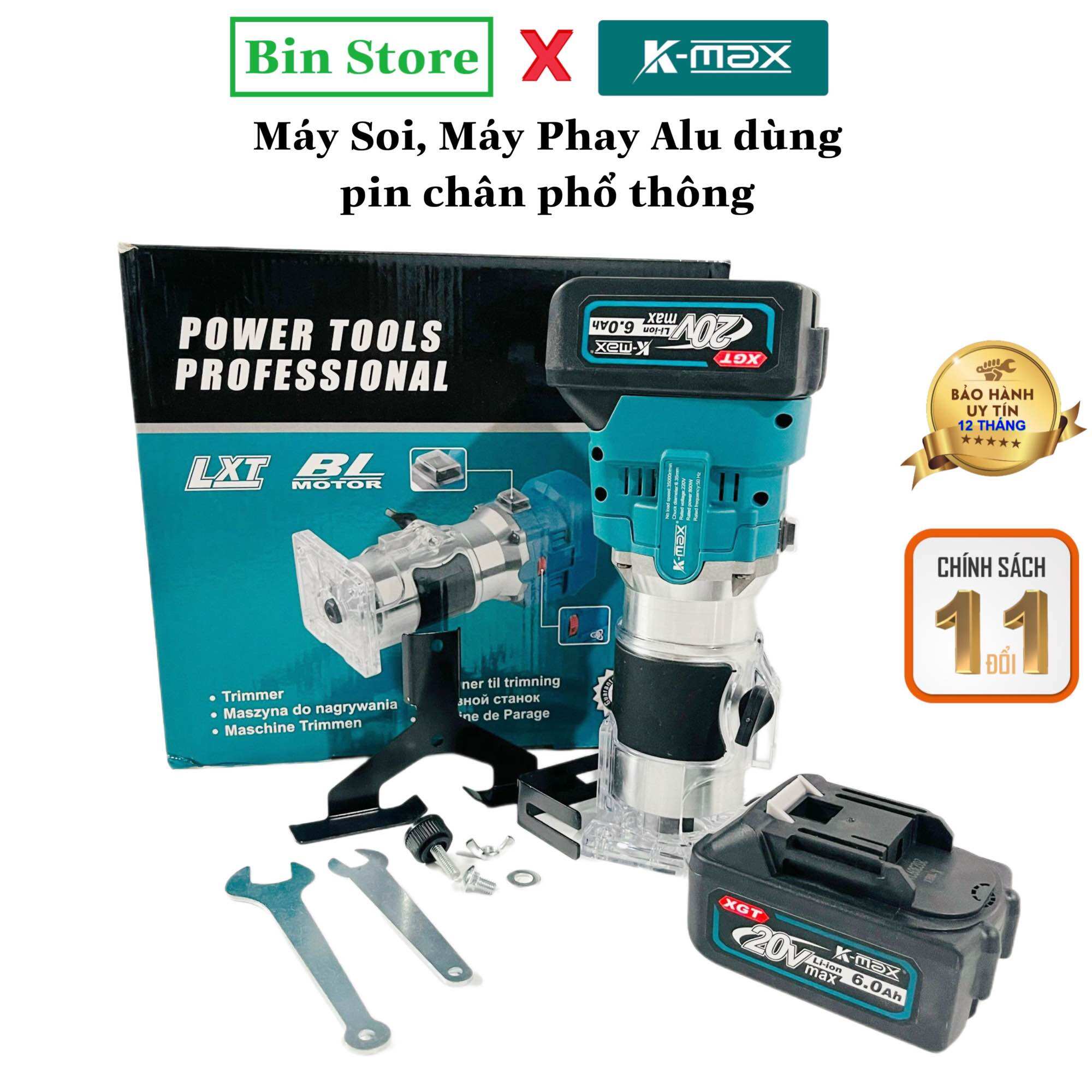 Máy phay alu, máy soi K-Max dùng pin chân phổ thông Makita - điều chỉnh 6 cấp - đầy đủ phụ kiện