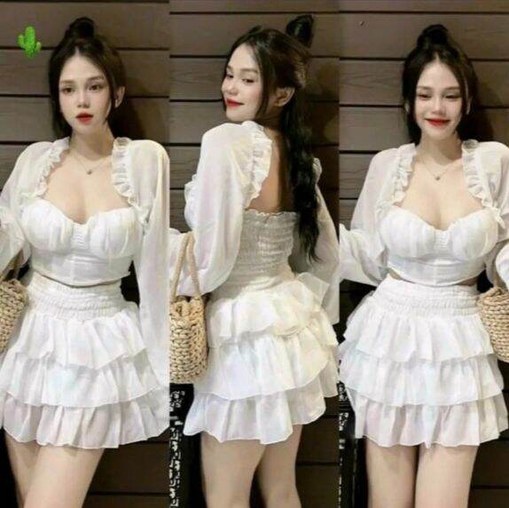 Sét bộ voan kiểu vai trễ bèo croptop