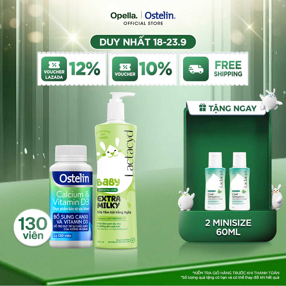 Ostelin Viên Uống Hỗ Trợ Bổ Sung Calcium  Vitamin D3 130 viên + Sữa Tắm Gội Trẻ Em Lactacyd Milky 500ml