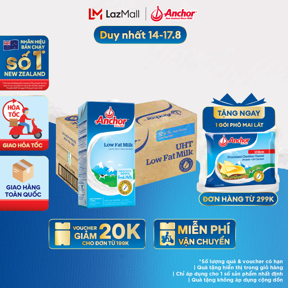 [GIAO HÀNG HỎA TỐC - HCM] Thùng 12 Hộp Sữa Tươi Tiệt Trùng Anchor Ít Béo Hộp 1 Lít