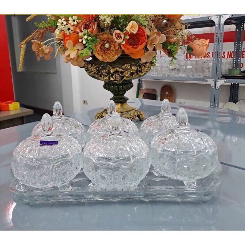 Combo 6 thố mứt Tết thuỷ tinh+khay thuỷ tinh
