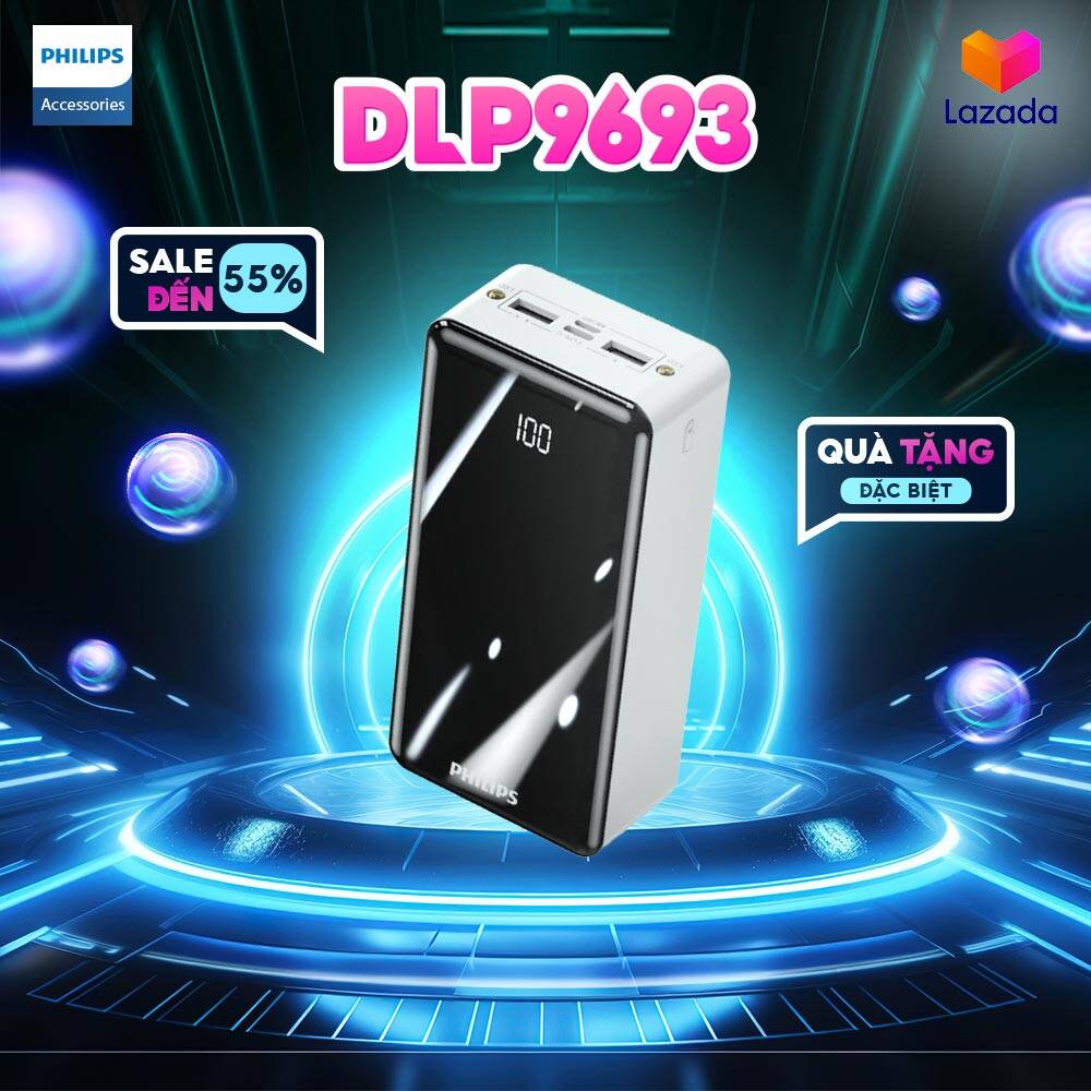 Pin sạc dự phòng philips dlp9693 30.000mah 2 cổng ra usb-a sạc 22.5w, usb-c sạc 18w tích hợp dây sạc gắn liền
