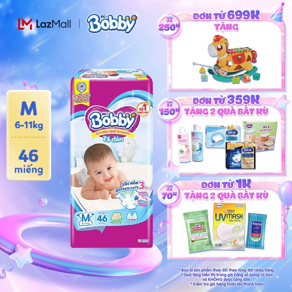 Tã dán Bobby Lõi nén Cotton-Soft 3mm - M46/L40/XL36/XXL32 [Bao bì thay đổi theo từng đợt nhập hàng]