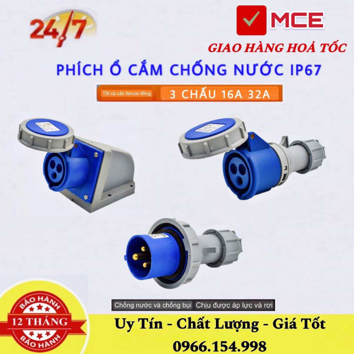 Ổ phích cắm công nghiệp 16A 32A 1 Pha 3 chấu nắp xoay chống nước di động và cố định, tiêu chuẩn IP67