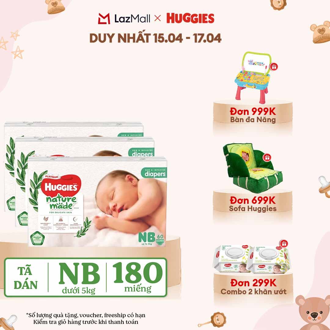 [CHỈ 18-24.04 QUÀ TẶNG ĐƠN 399K](Mua 1 tặng 1) Combo 3 Tã/Bỉm dán sơ sinh Huggies Platinum NatureMade NB60 (dưới 5kg)-Gói Jumbo 60 miếng