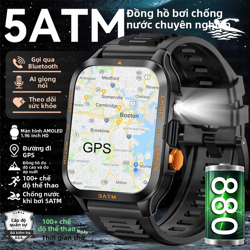 Đồng Hồ Thông Minh Ngoài Trời Dành Cho Nam GPS Thể Thao Pin 800mAh Cuộc Gọi Bluetooth Màn Hình 1,96 Inch Đèn Pin 3ATM Chống Nước Theo Dõi Sức Khỏe