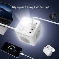 Ổ Cắm Điện EU 8 Trong 1 Với Dây Nối Dài 1.5m, 3 Ổ AC, 2 USB, 2 Type-C, Đèn Ngủ Có Thể Điều Chỉnh Độ Sáng, Bộ Chuyển Đổi Điện Chuẩn Có Tiếp Địa