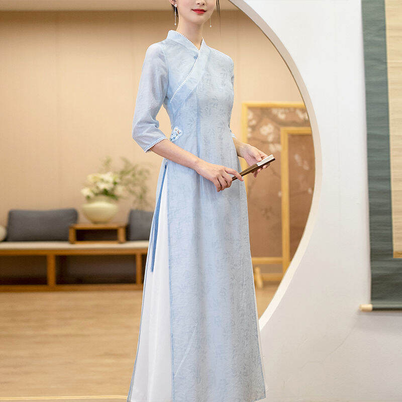 Váy Liền Thân Phiên Bản Cách Tân Áo Dài In Hoa Văn Nghệ Kiểu Trung Quốc Mẫu Dài Cổ Điển Phong Cách Trung Quốc Cho Nữ Mẫu Mới Mùa Xuân 2023