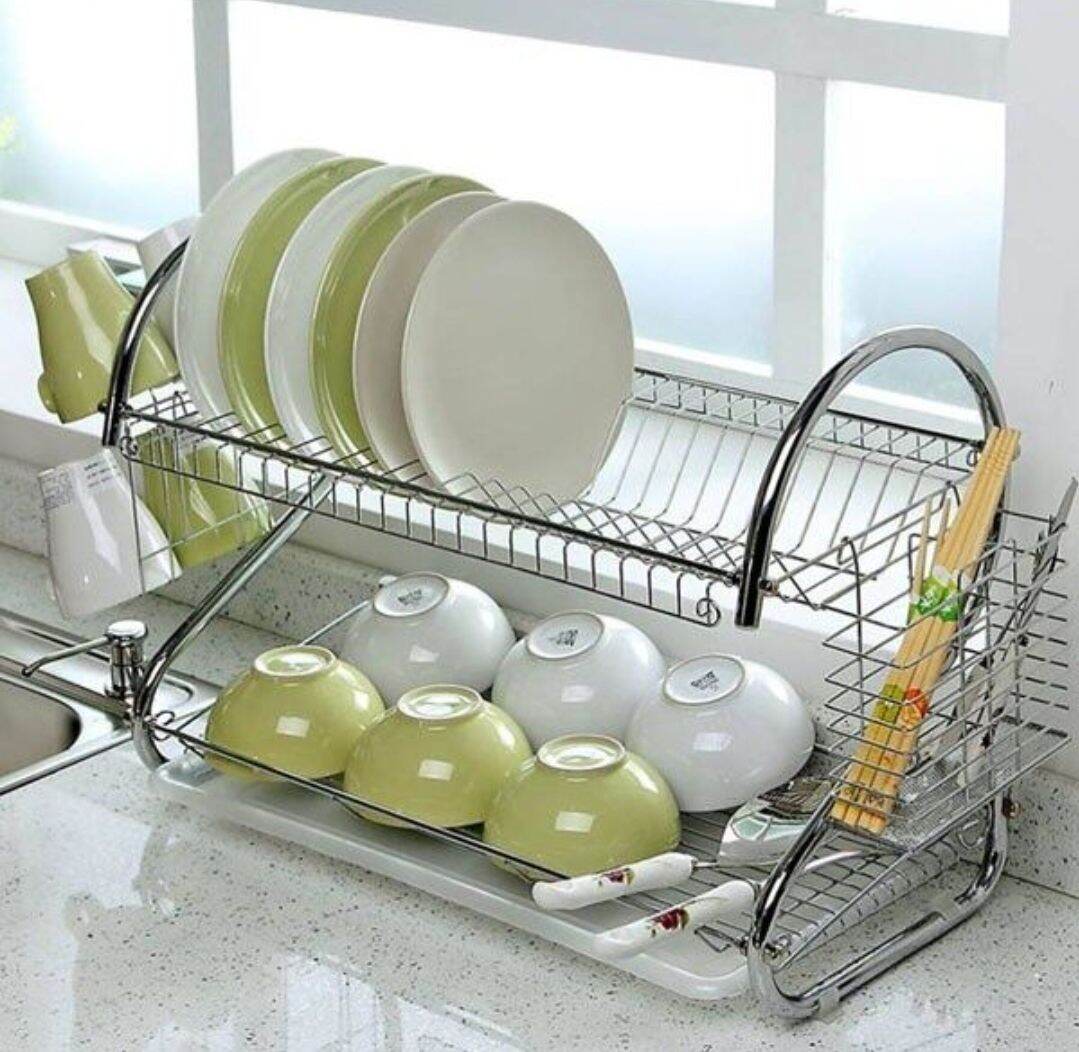 Giá úp bát đĩa, Kệ úp chén bát 2 tầng có kèm khay hứng nước kèm giá để thớt úp vung xong nồi