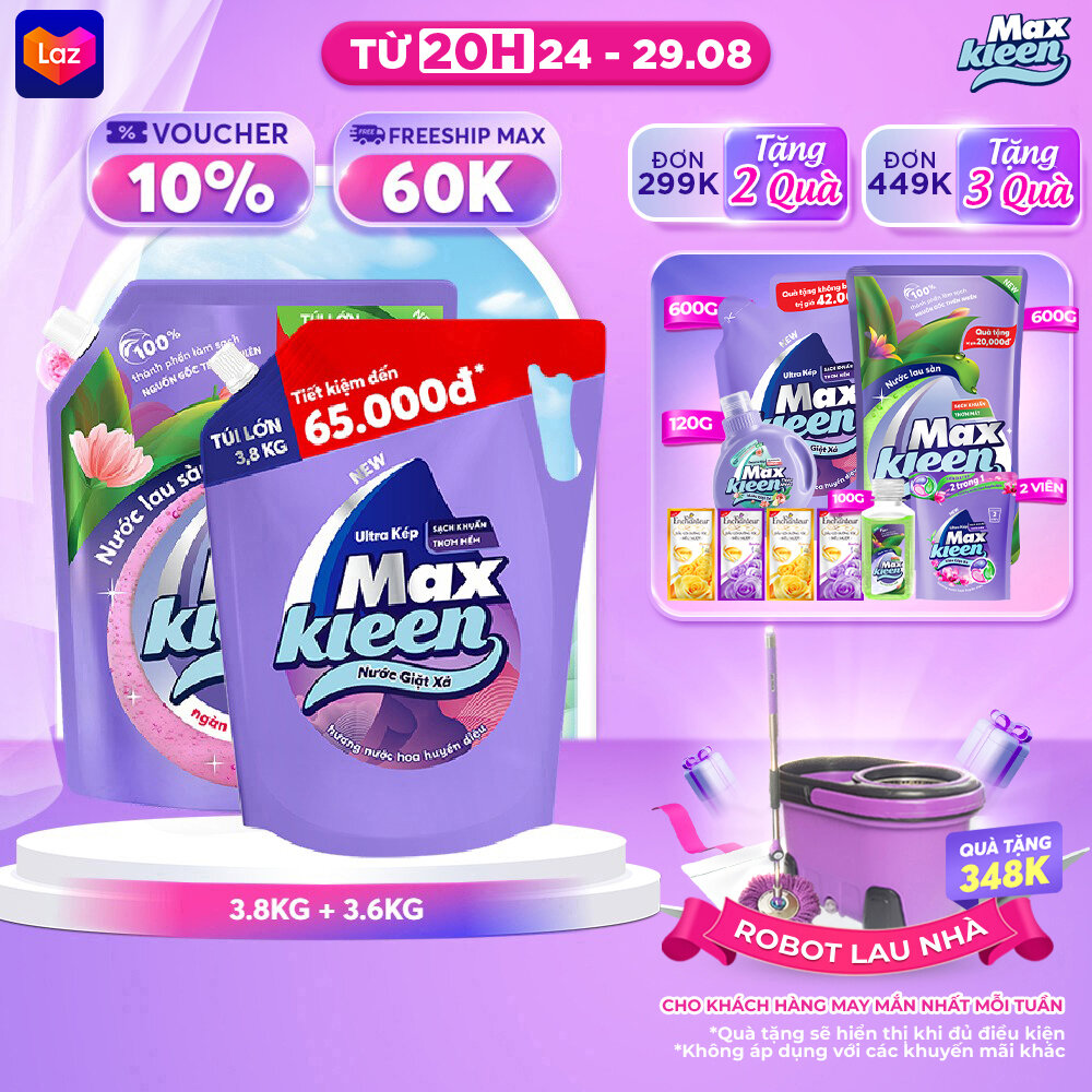 Combo túi nước lau sàn maxkleen 3.6kg ngàn hoa ngọt ngào + túi nước giặt xả maxkleen 3.6kg/3.8kg