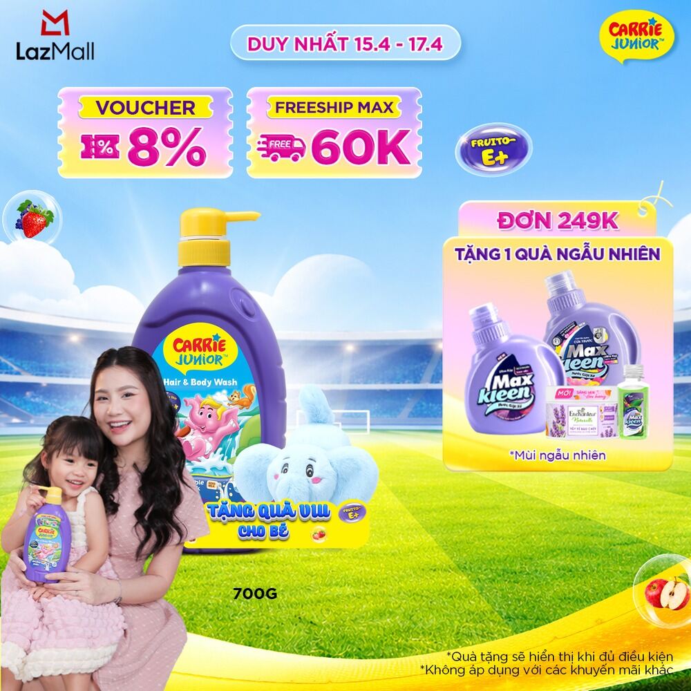 [TẶNG KÈM Voi bông | màu ngẫu nhiên] Chai Sữa Tắm Gội Cho Bé Carrie Junior chiết xuất trái cây thiên nhiên hương Tinh chất Sữa 700g