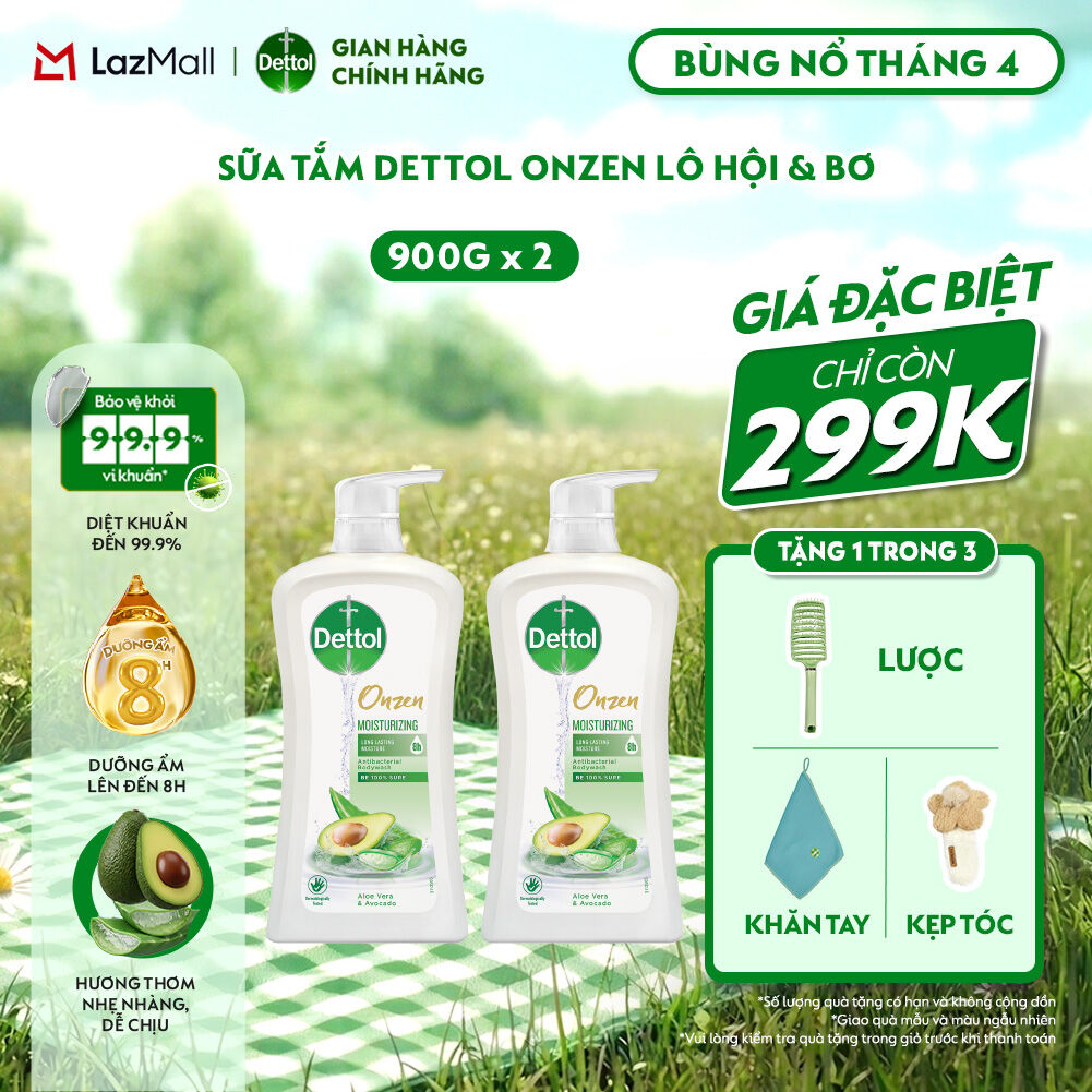 Combo 2 sữa tắm Dettol onzen kháng khuẩn dưỡng ẩm lô hội  bơ - Chai 900g