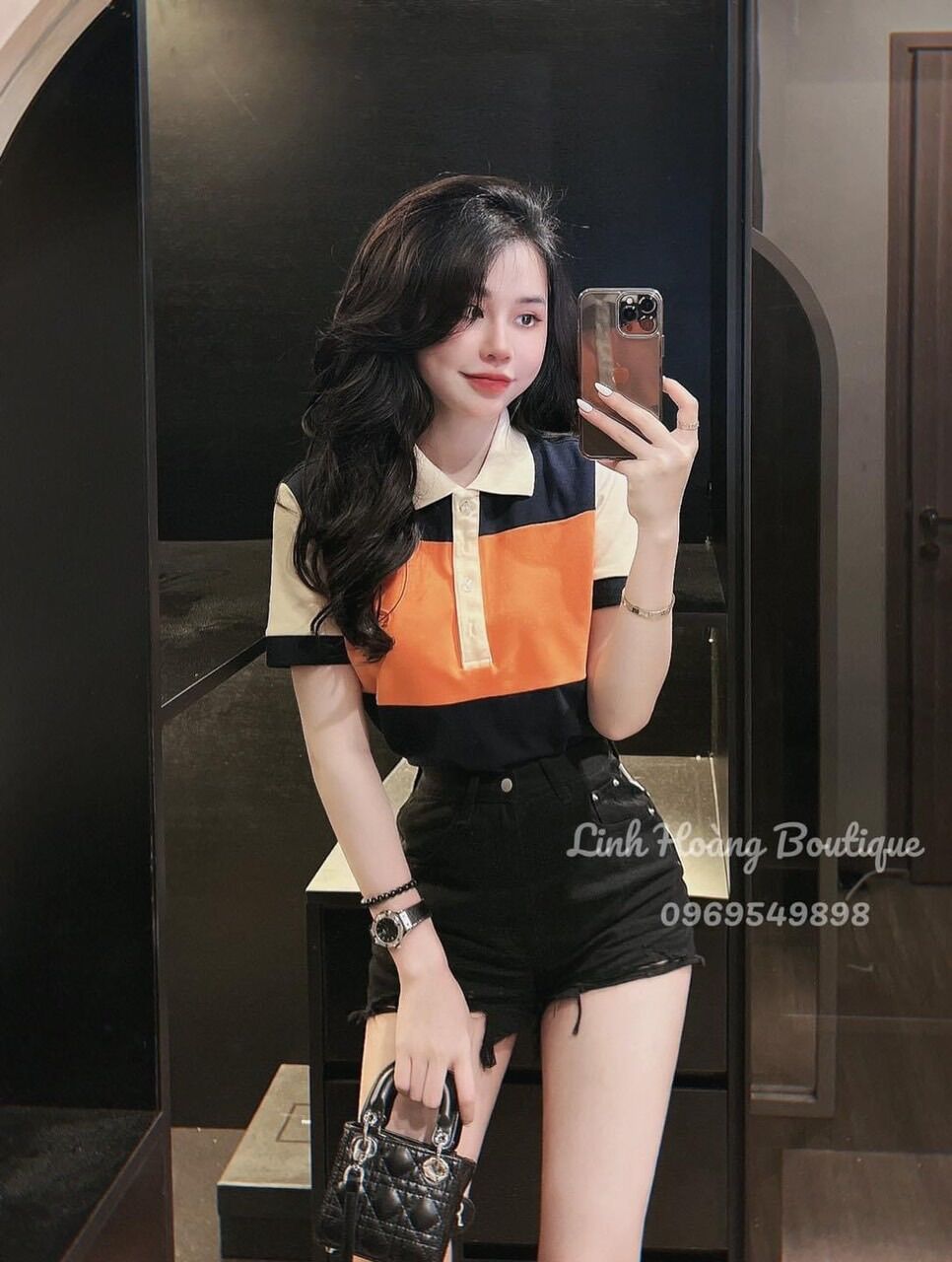 thun polo cá sấu cổ bẻ phối màu xanh cam đen
