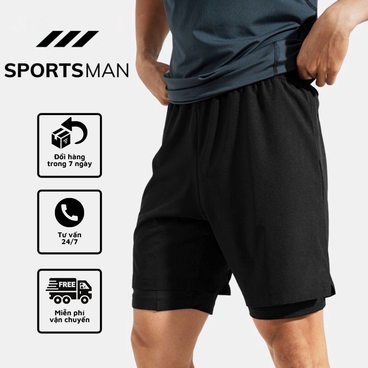 Quần đùi tập gym nam SPORTSMAN short đùi 2 lớp thể thao nam có lớp lót legging hỗ trợ đạp xe chạy bộ phong cách mạnh mẽ