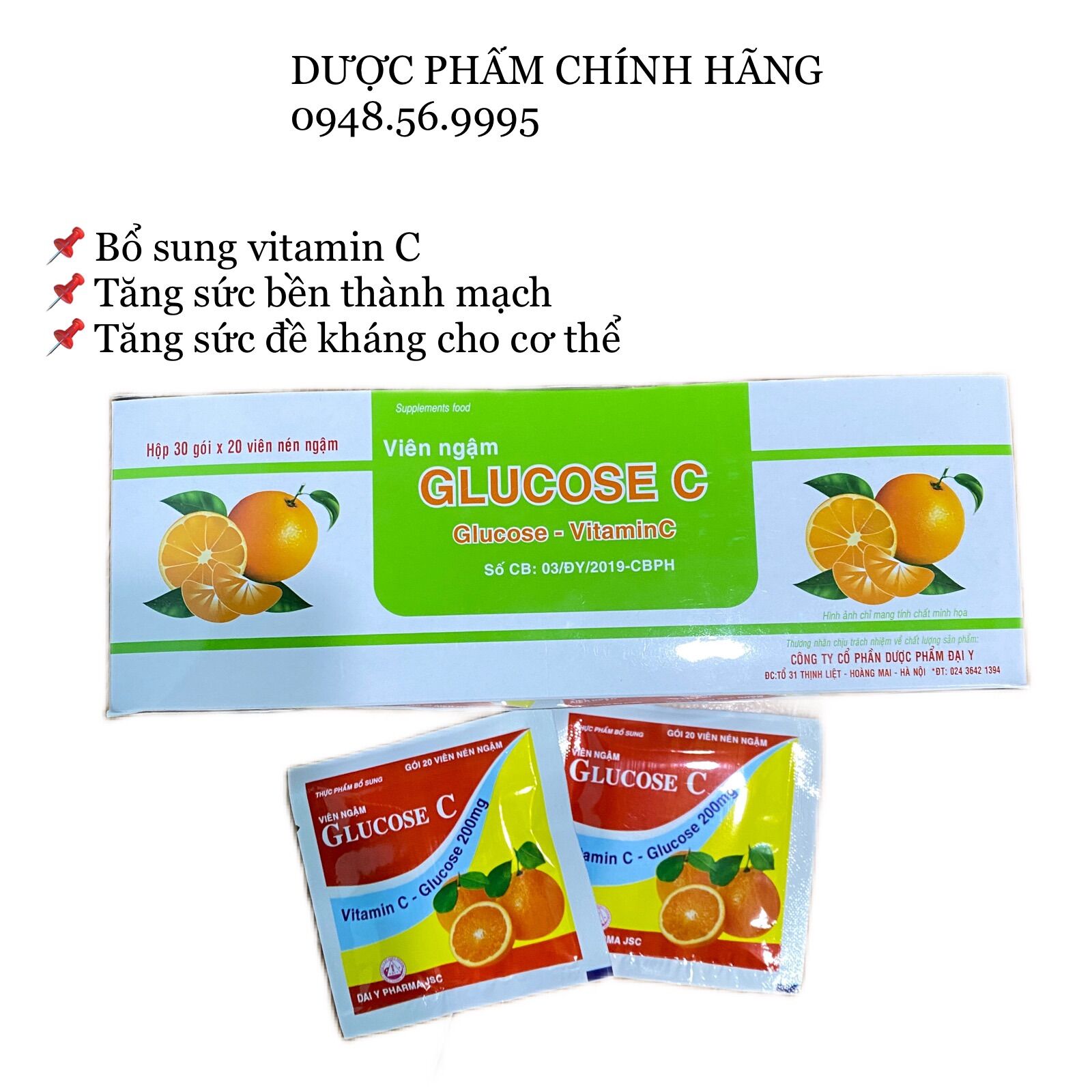 Viên ngậm Vitamin C - Glucose C hộp 30 gói, bổ sung vitamin C tăng cường sức đề kháng cho cơ thể