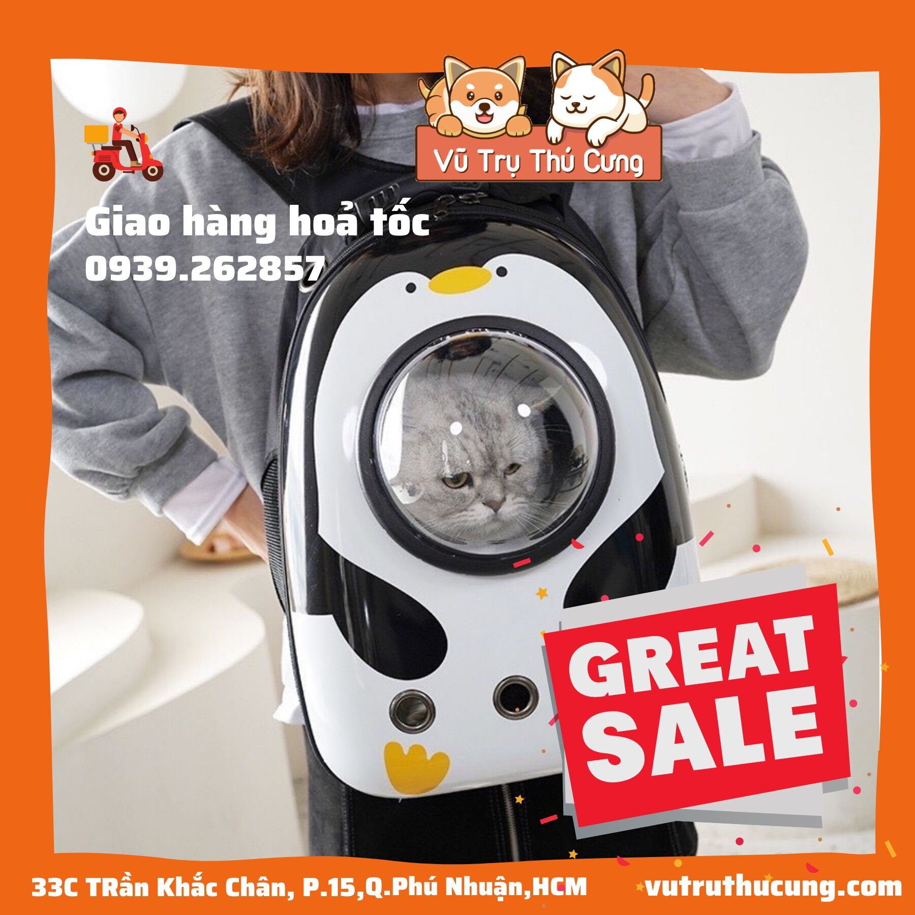 Balo phi hành gia Chim cánh cụt đựng mèo, Balo cho Chó mèo hình chim cánh cụt