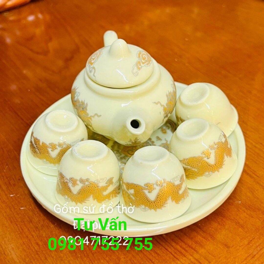 Bộ trà 5 chén thờ cúng_bộ ấm chén vàng gốm sứ bát tràng
