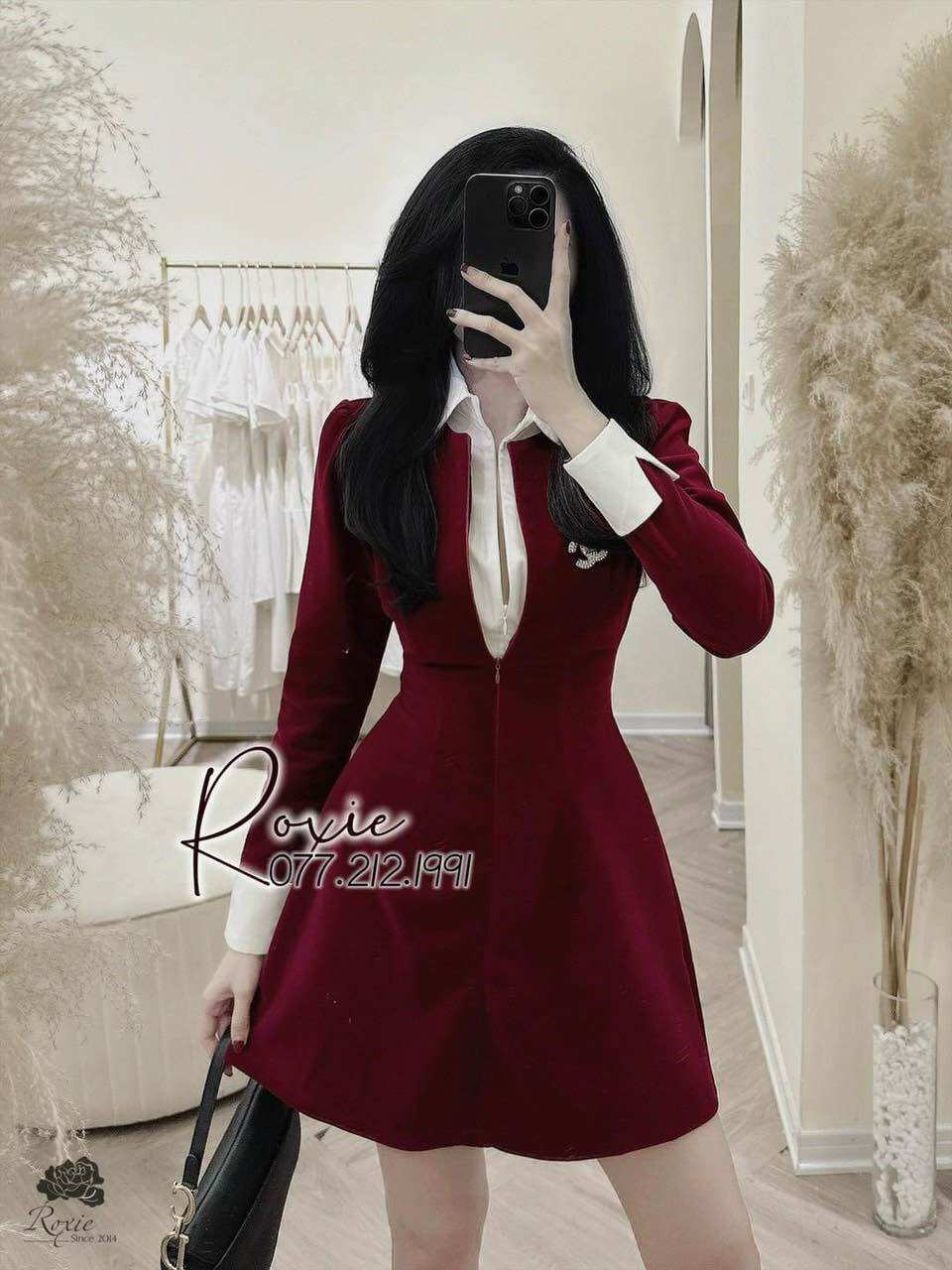 Váy nhung phối cổ sơ mi thiết kế cao cấp