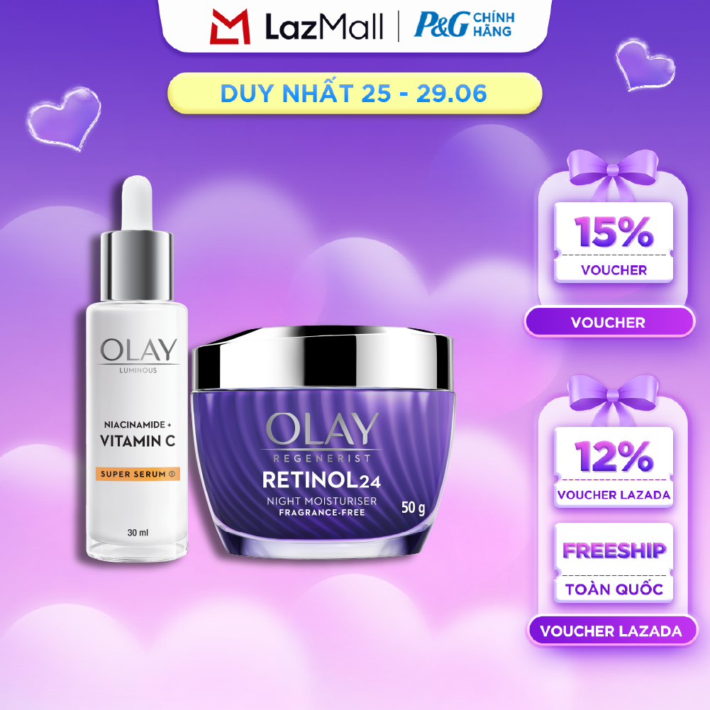 Combo Kem Dưỡng Ban Ngày OLAY Luminous Niacinamide VITAMIN C Giúp Mờ Vết Thâm, Đốm Nâu, Dưỡng Sáng Da Hũ 50G + Serum OLAY RETINOL24 Giúp Giữ Nét Tươi Trẻ Cho Da  Mờ Nếp Nhăn Chai 30ML