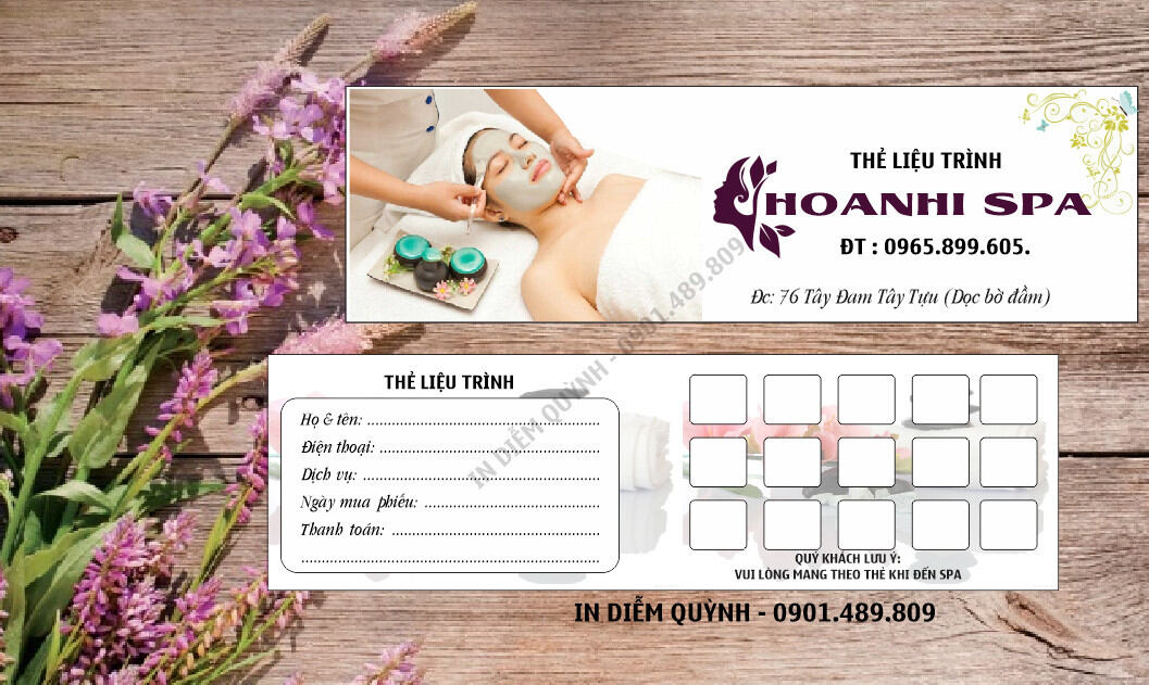 100 thẻ liệu trình spa, theo mẫu.