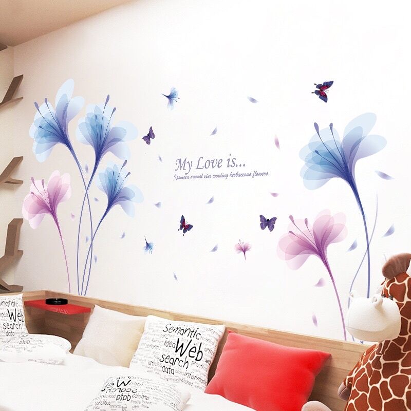 Decal dán tường pha lê tím và chân cỏ ( tranh ghép)