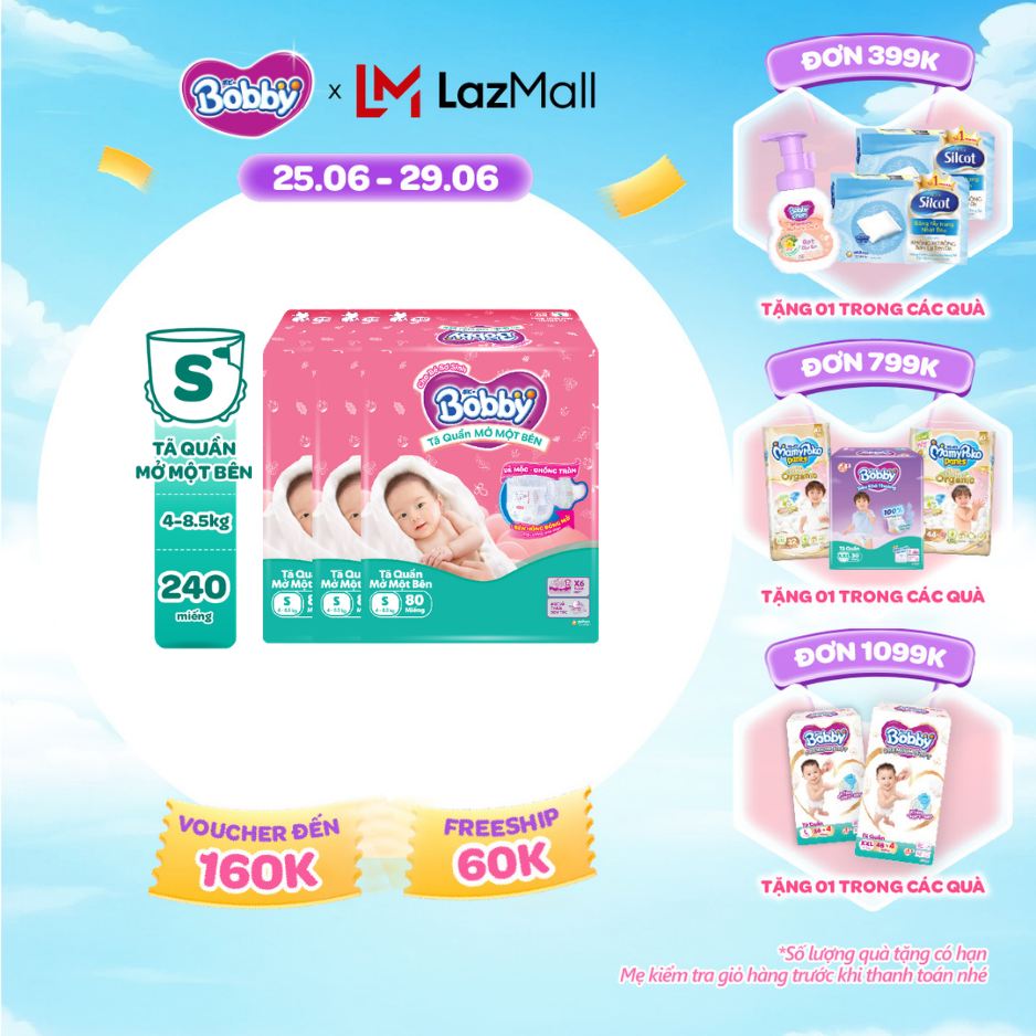 [SALE CUỐI THÁNG tặng QUÀ TO-SLCH][MỚI][TẶNG MIẾNG] Combo 3 gói tã quần mở một bên Bobby dành cho bé sơ sinh size S80