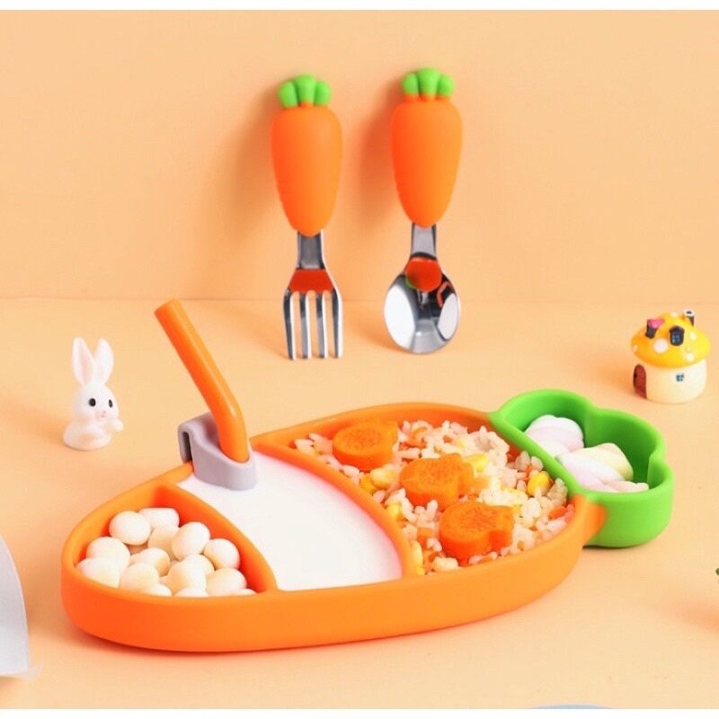 Set Khay Ăn Dặm Silicon CÀ RỐT (kèm ống hút,thìa nĩa,cọ ống hút)