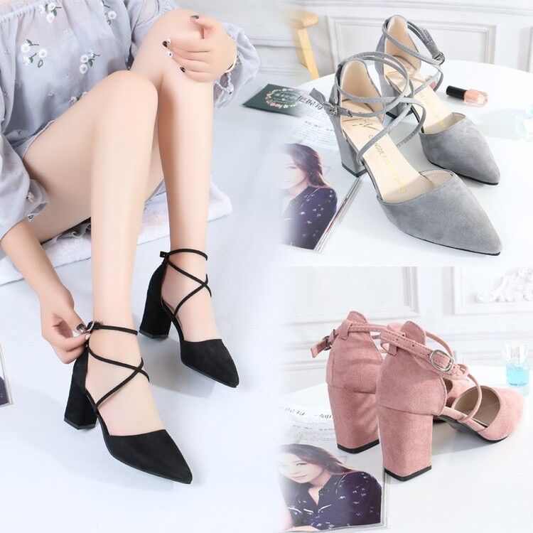 Giày cao gót nữ đế vuông dây chéo xinh xắn dễ thương - 7cm