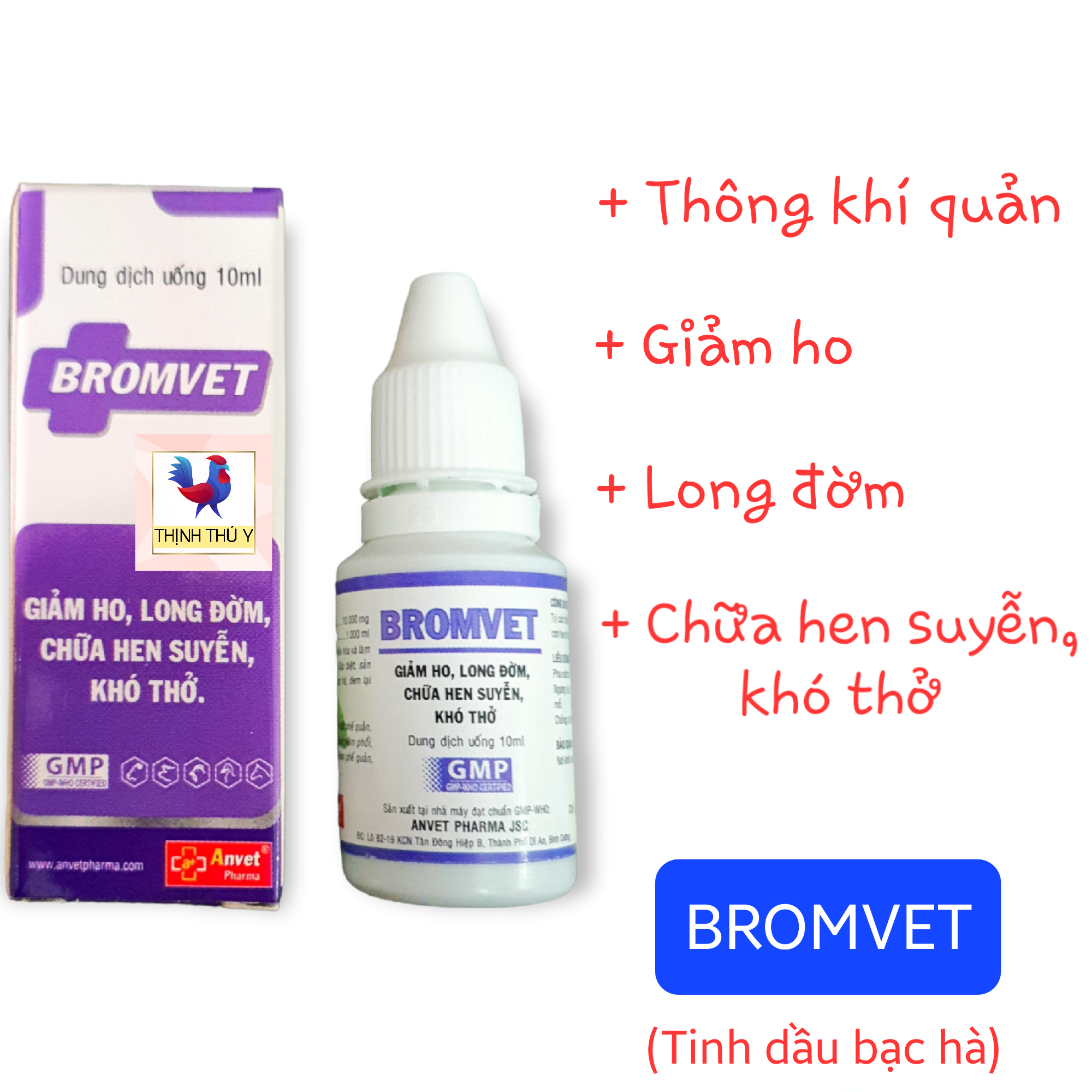 BROMVET (10ml) - Thông khí quản, giảm ho, long đờm, chữa hen suyễn, khó thở cho gà đá (Tinh dầu bạc hà)