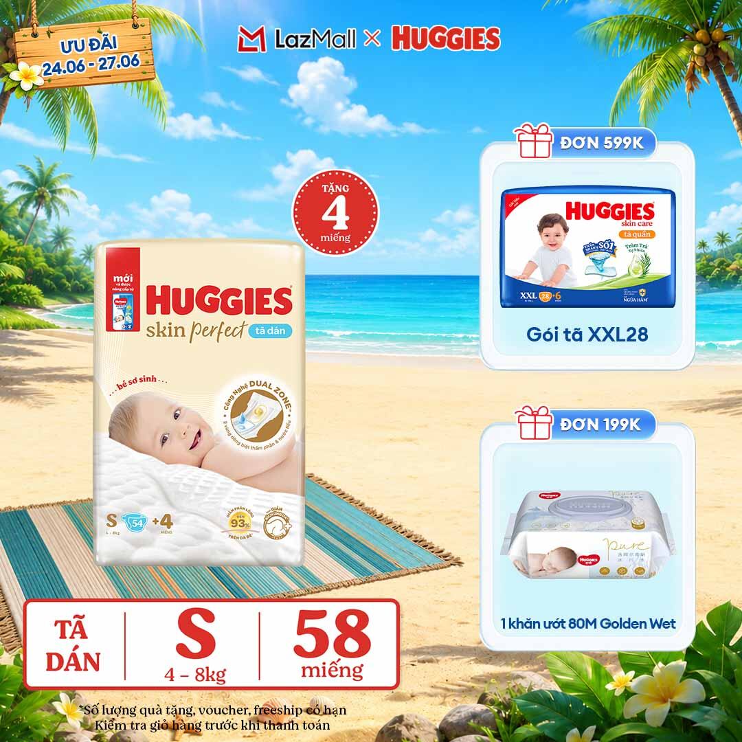 [Chỉ 25-29.06 QUÀ TẶNG ĐƠN 0Đ]  Tã/bỉm dán sơ sinh Huggies Skin Perfect S 54 miếng với 2 vùng thấm giảm kích ứng da