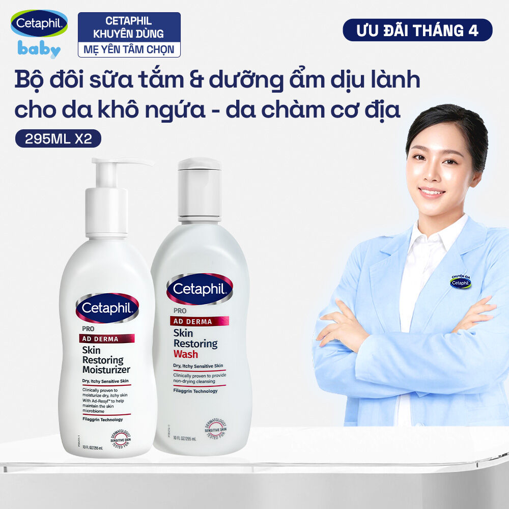 Combo Sữa tắm và Dưỡng ẩm cho da chàm, viêm da cơ địa Cetaphil Pro AD Derma Wash + Pro AD Derma Moisturizer 295ml x 2