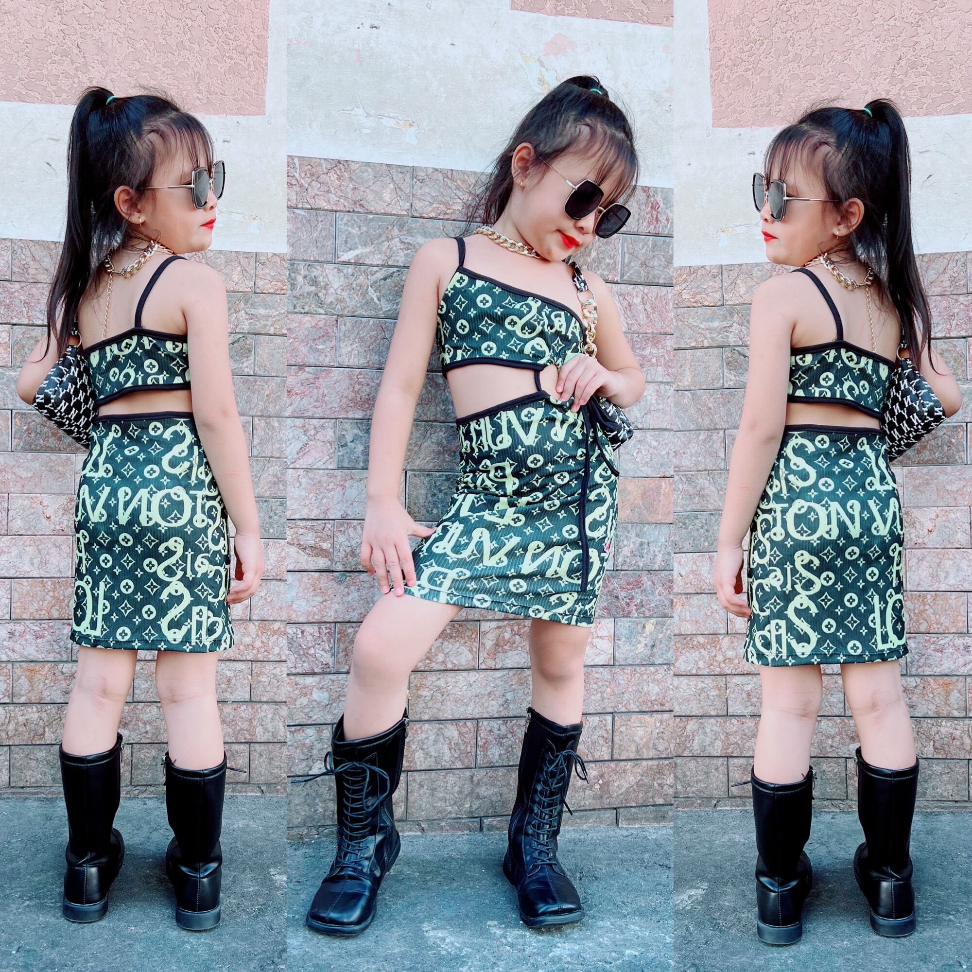 Đầm body in chữ cột eo cho bé gái