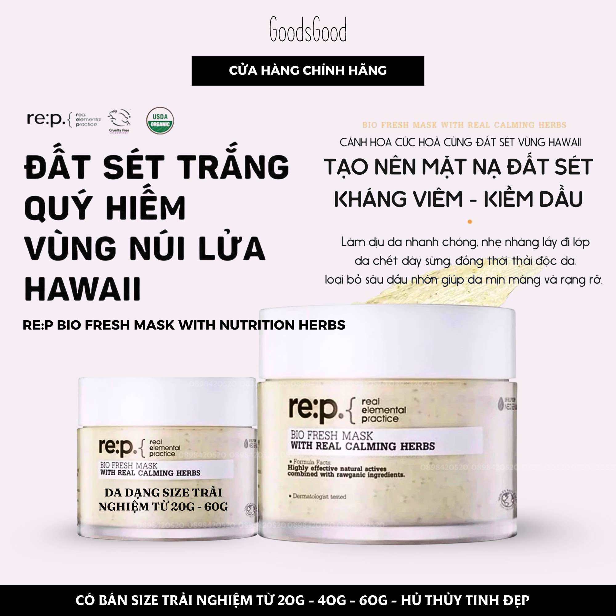 Mặt nạ đất sét rep hoa cúc, rep hoa hồng, rep hương thảo, Re:p Bio Fresh Mask With Nutrition Herbs 130g giảm nhờn, giảm mụn thâm, se khít lỗ chân lông.