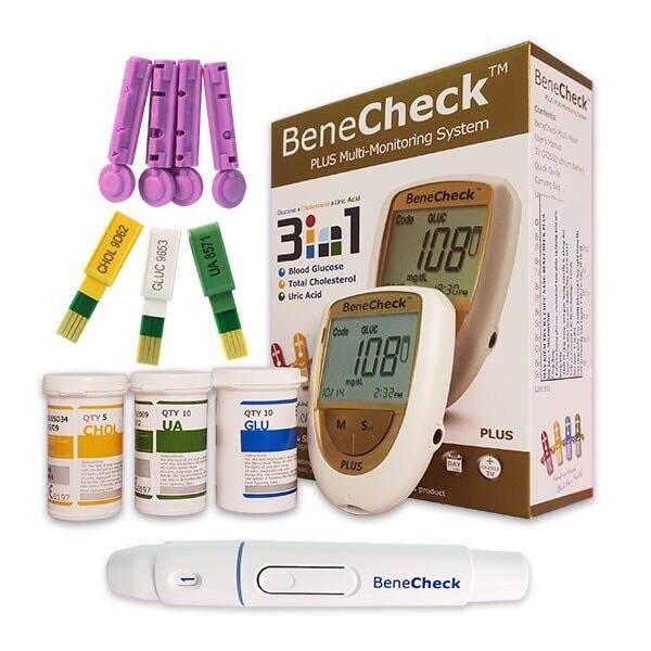 Máy đo đường huyết, mỡ máu, gút BeneCheck 3in1 tặng kèm que test và kim
