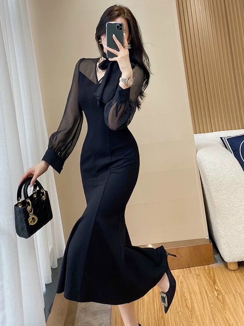 Đầm body đuôi cá phối tay voan cao cấp