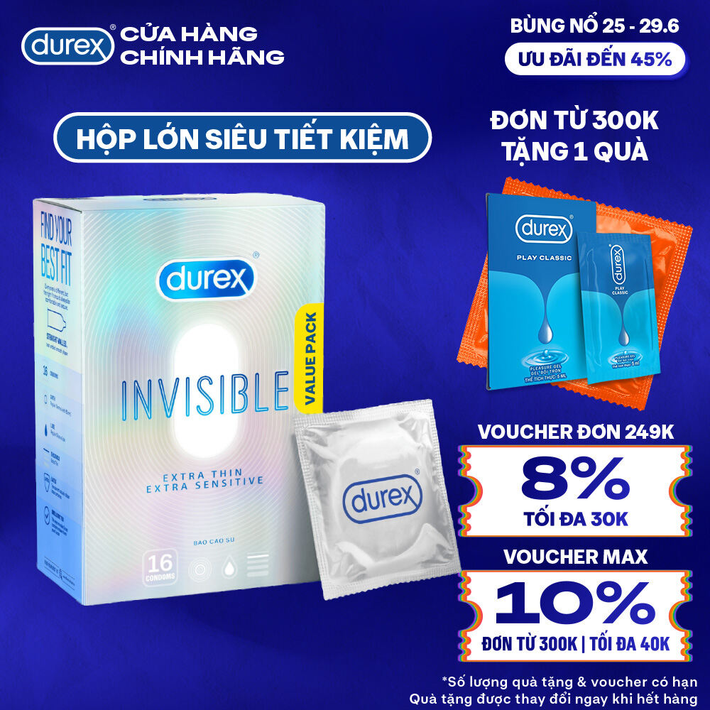 [25-29.06 - Voucher đến 45K] Bao Cao Su Durex Invisible Siêu Mỏng, Size 52 mm, Hộp 16 Bao Mới Ra Mắt - Hộp Lớn Siêu Tiết Kiệm